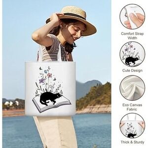 Canvas Large Reusable Cute Black Cat Tote with Handles - Black Cat